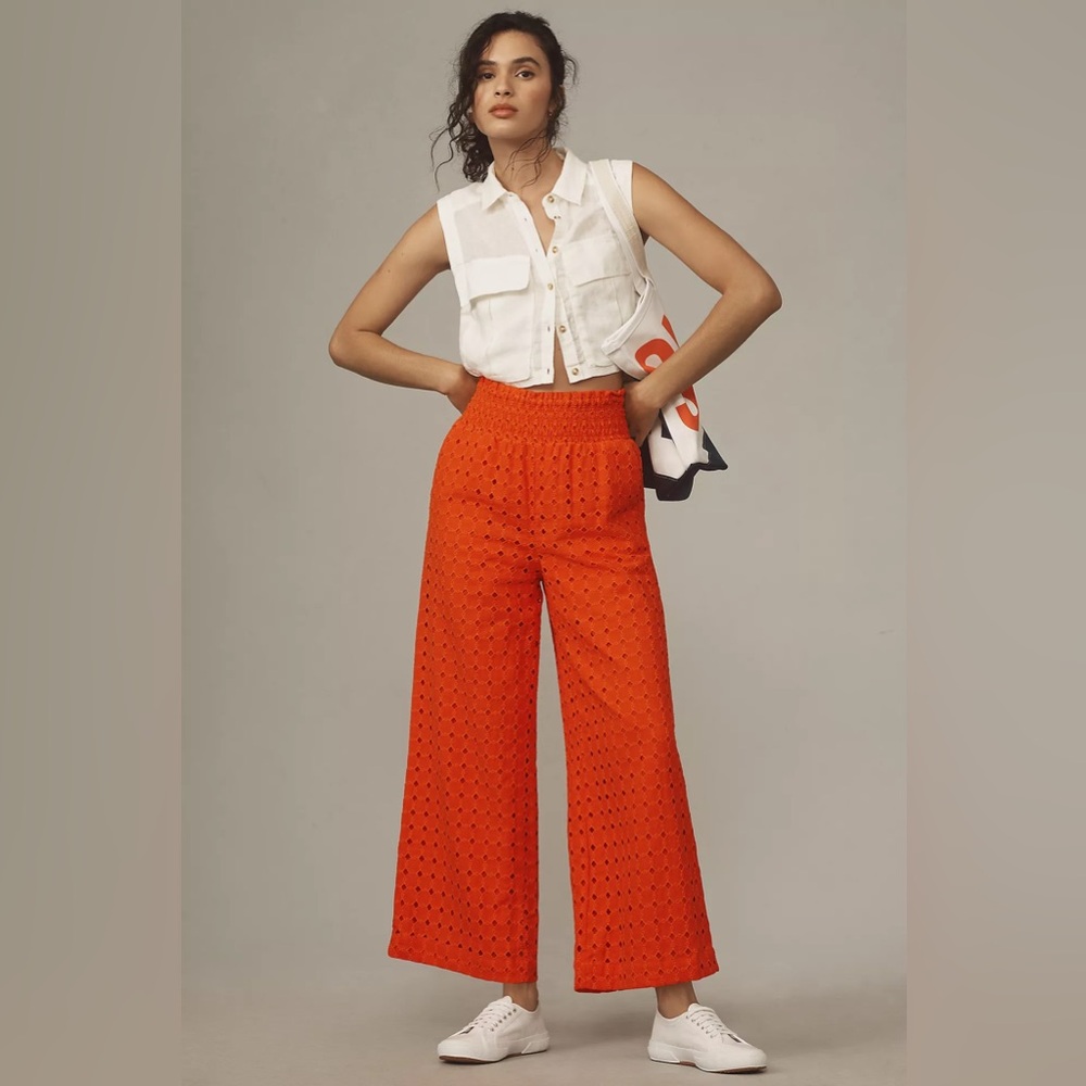 EUC Anthropologie Maeve Orange Eyelet Wide-Leg Pants Small